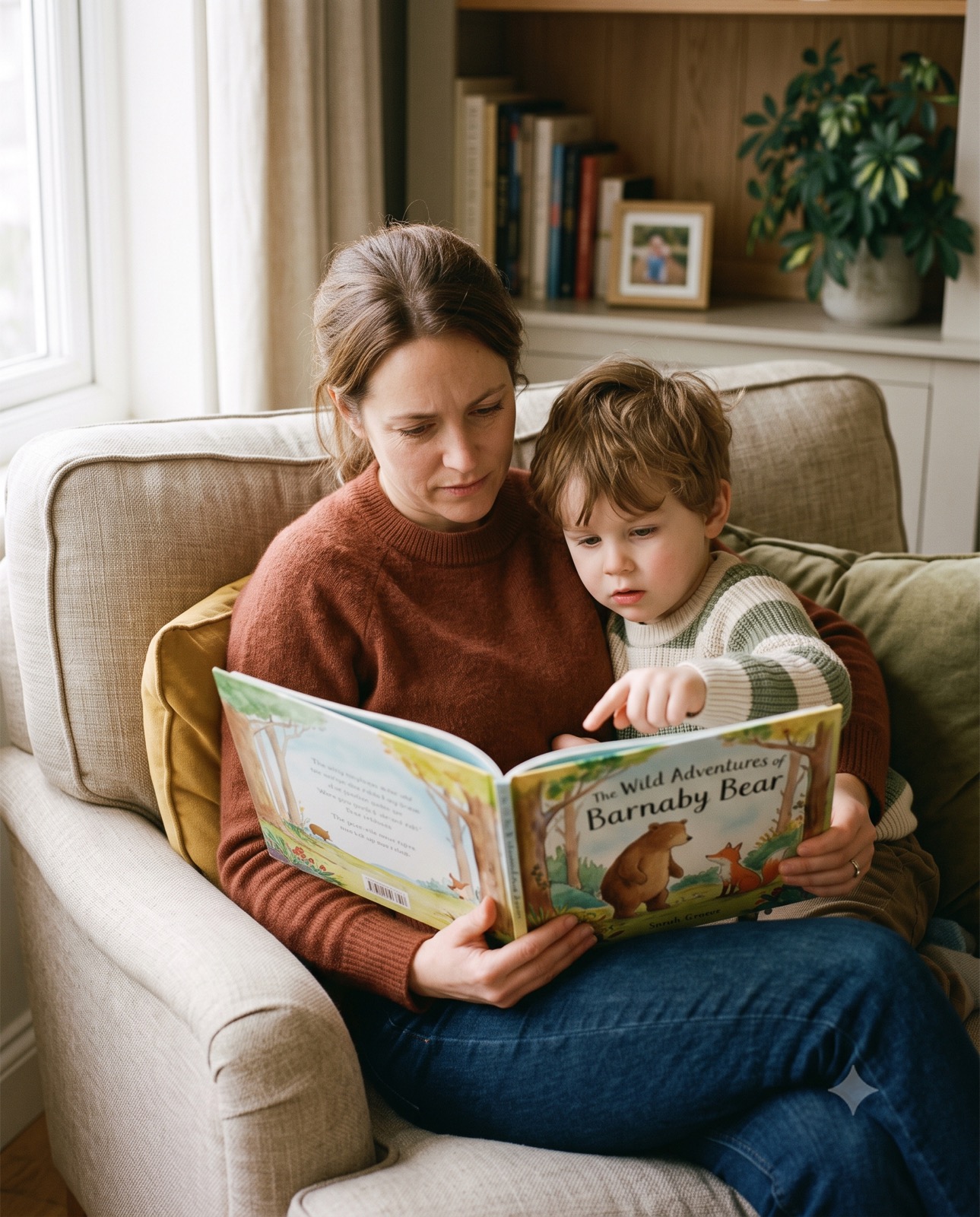 A parent and child reading a picture book together on the couch