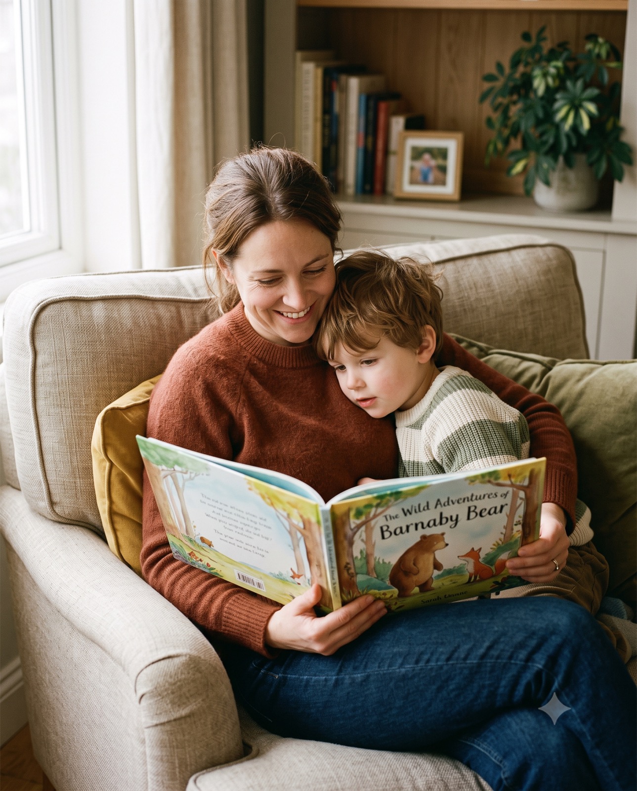 A parent and child reading the picture book together, both happy and at ease